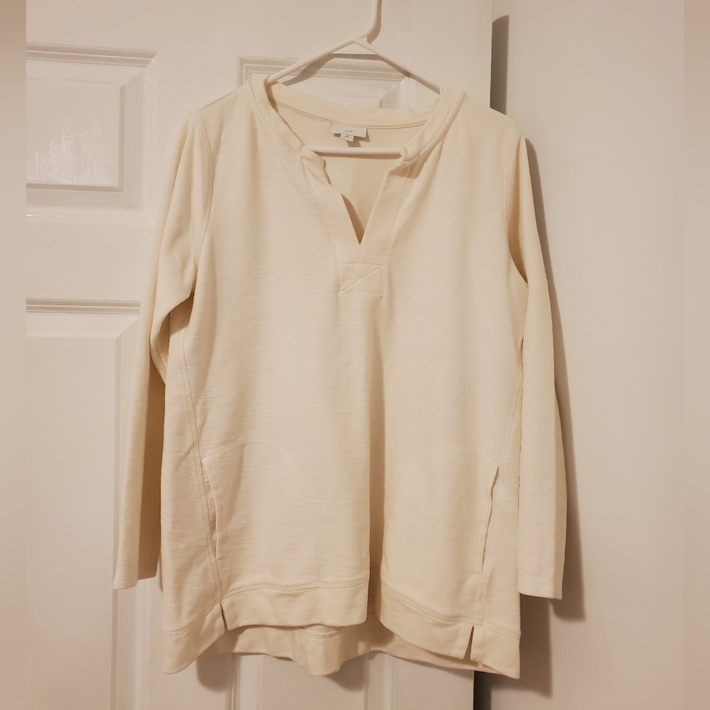 J Jill V Neck Blouse Front Pockets Off White Cream Petite Medium